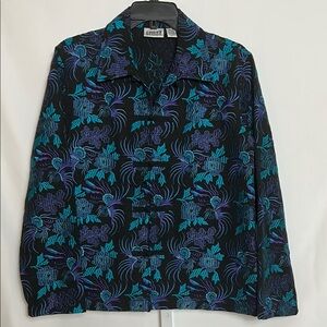Chico’s Size M Black Blue Green Floral Birds Silk Blend Embroidered Jacket Top